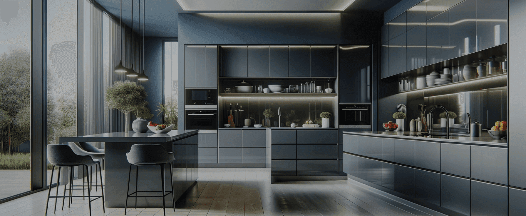 Eine moderne Küche mit hochglänzenden grauen Schränken und Arbeitsplatten. Die Küche zeichnet sich durch schlichte, minimalistische Designelemente mit integrierten Geräten aus.